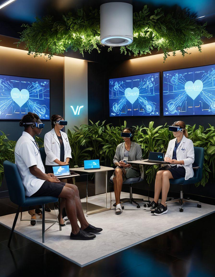 A futuristic virtual healthcare environment where a diverse group of people engage with advanced technology like VR headsets and holographic screens displaying health stats. Lush greenery and calming colors reflect well-being, with medical professionals providing remote care over digital devices. Include elements like heartbeats and wellness symbols in the background. semi-realistic. vibrant colors. soothing atmosphere.