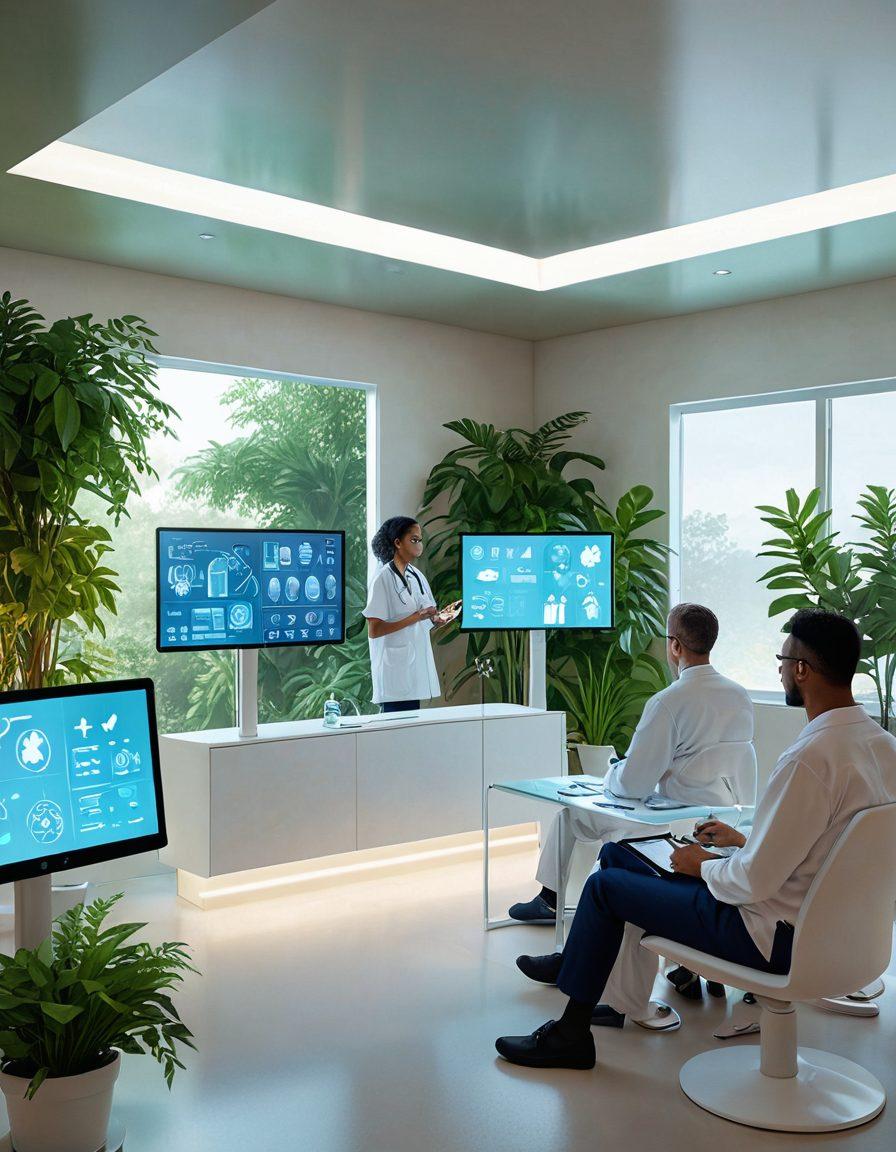 A futuristic virtual healthcare scene depicting a diverse group of patients interacting with doctors through high-tech screens. Bright, inviting colors showcasing advanced technology like holograms and wearable health devices, with serene backgrounds symbolizing well-being and support. Illustrate the essence of connection and care in virtual spaces. leafy green plants in the background. vibrant colors. digital art.