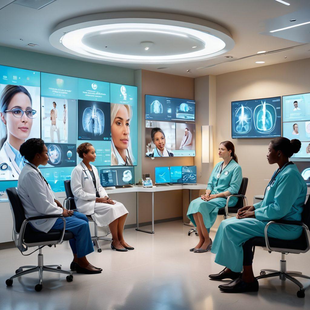 A futuristic telemedicine scene where a diverse group of patients connects with healthcare professionals through holographic screens, showcasing advanced technology and innovative health solutions. Include elements like wearable health devices, virtual consultation rooms, and a serene, healing environment. Emphasize collaboration and transformation in the healthcare landscape. super-realistic. vibrant colors. modern design.
